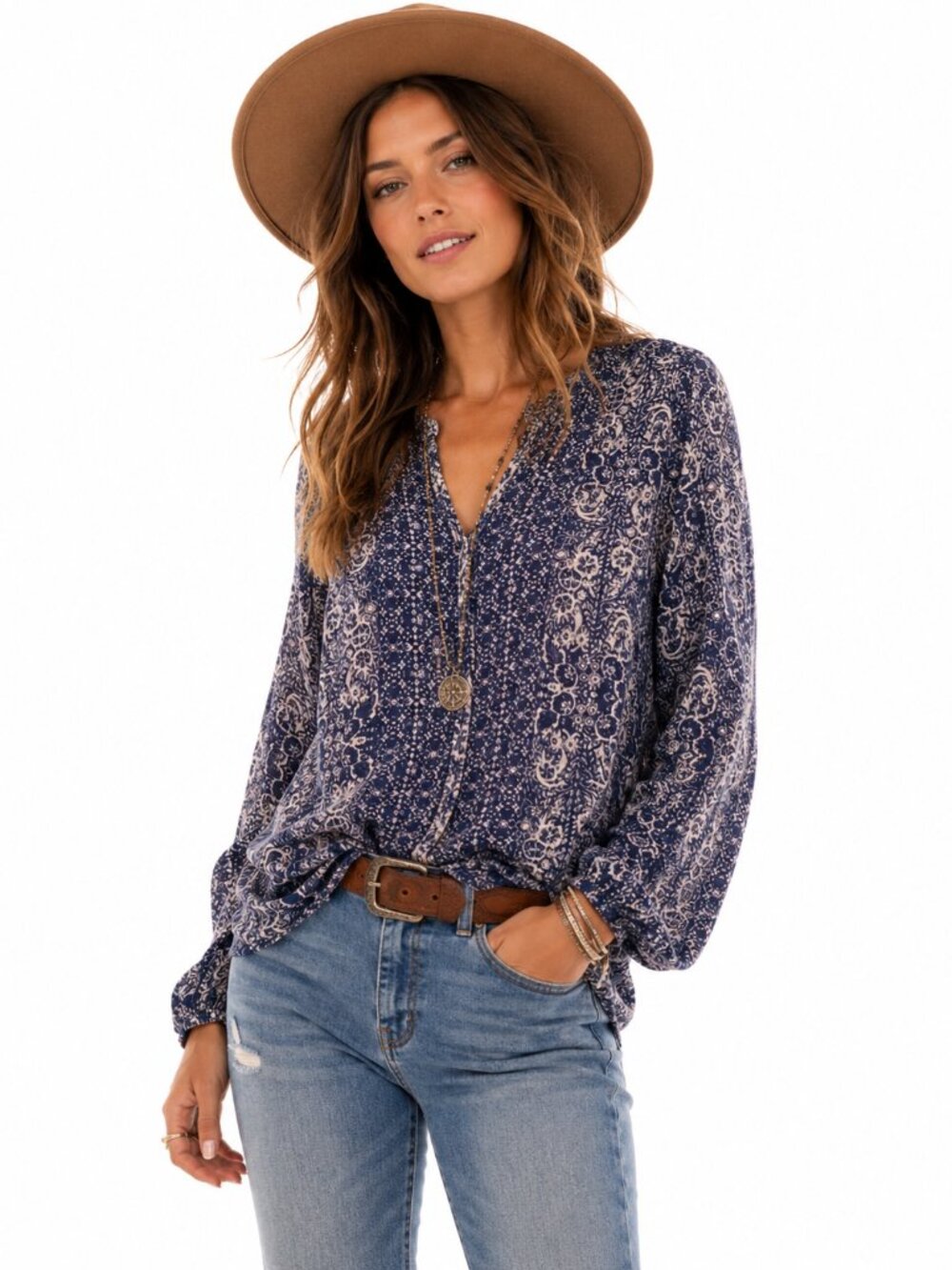 2/$30 Lucky Brand Floral Long Sleeve Boho Tunic Top Blue & White Graphic Sz M